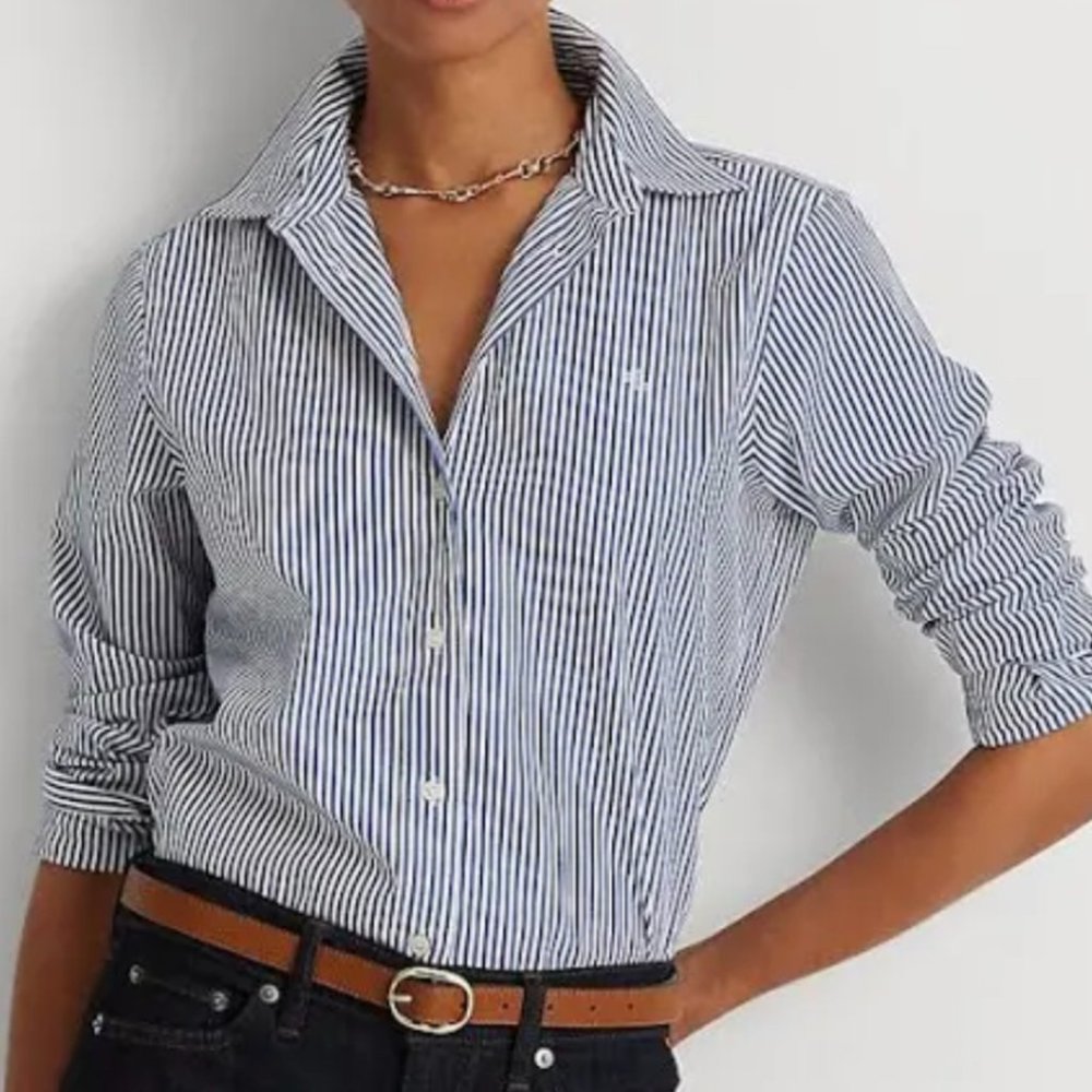 LAUREN RAPLH LAUREN | BLACK/WHITE PIN-STRIPE | BLACK MONOGRAM SHIRT | SIZE:M